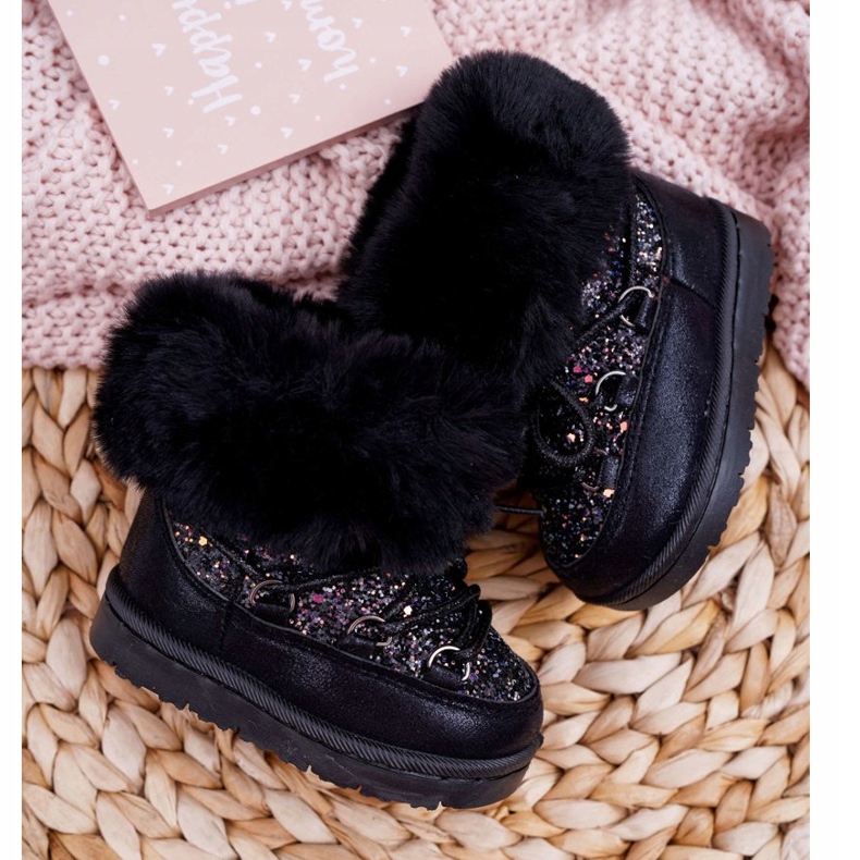 FRROCK Bottes de neige chaudes pour enfants avec fourrure de renard en cristal noir le noir 3