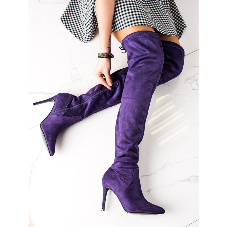 Small Swan Bottes en daim sur un talon haut violet 1