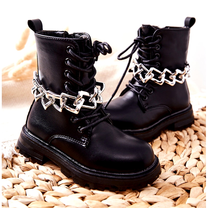 FR1 Bottes noires pour enfants avec chaîne 5