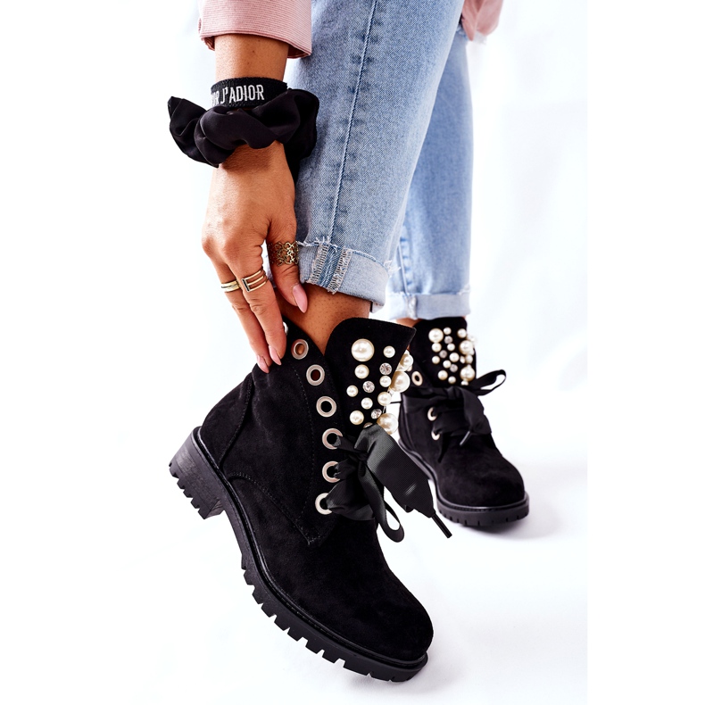 FI1 Bottines En Daim Avec Perles Et Ruban Perla Noir le noir 1