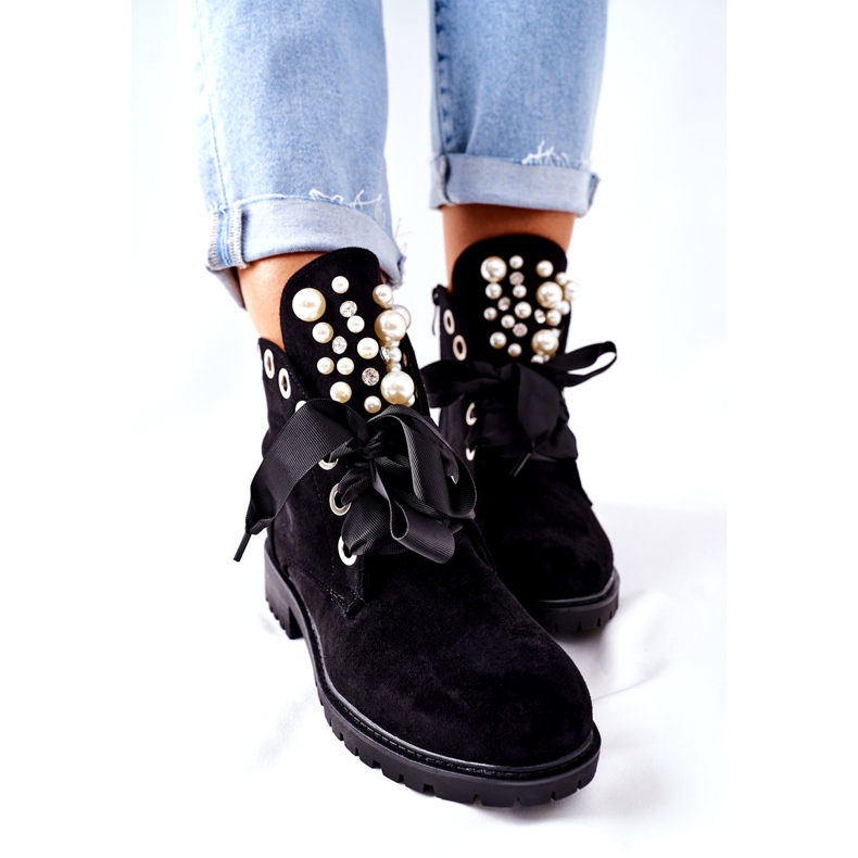 FI1 Bottines En Daim Avec Perles Et Ruban Perla Noir 4