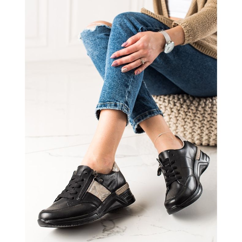 Evento Baskets en cuir avec fermeture éclair décorative beige noir 2