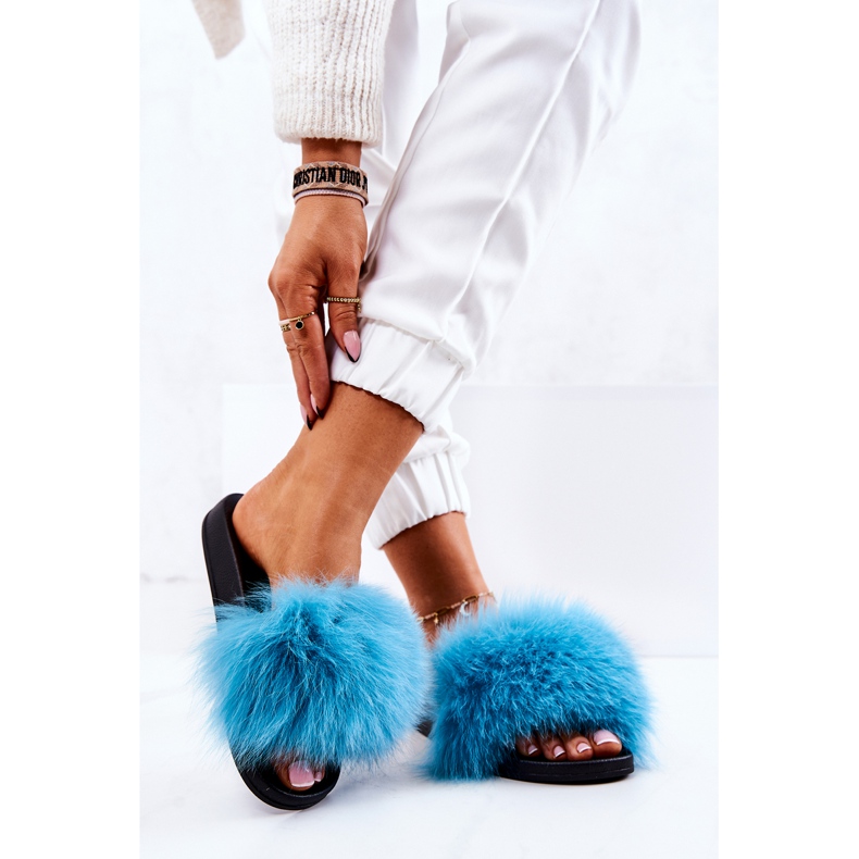 FM1 Pantoufles en fourrure naturelle Naturis bleu 2