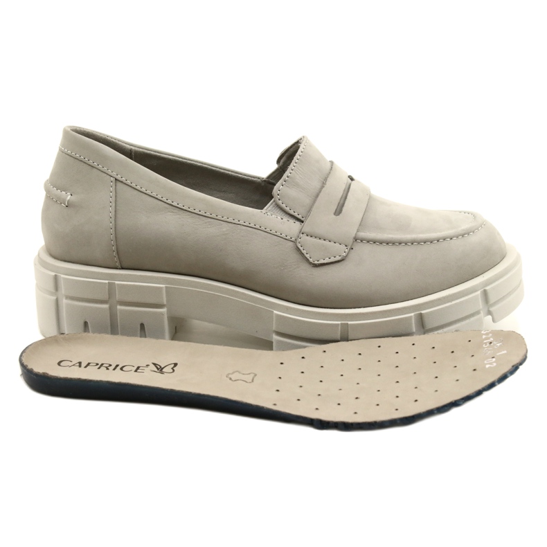 Mocassins en cuir féminin Caprice 24755-28 217 Gray gris 9