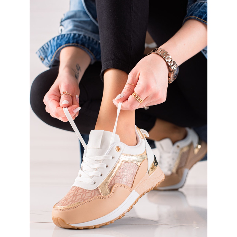 TRENDI Baskets nouées élégantes beige blanc brun doré 1