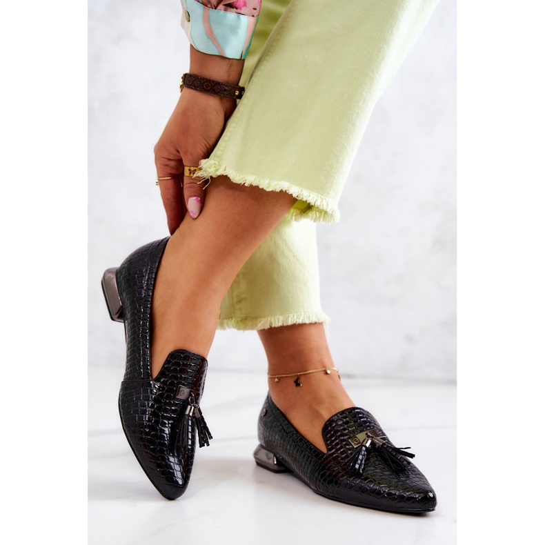 Vinceza Mocassins Laqués Motif Crocodile À Franges Pharell Noires 2