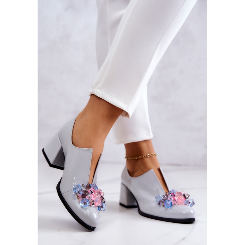 PA2 Chaussures En Cuir Lisse Laqué Avec Décoration Delaver Grise 2