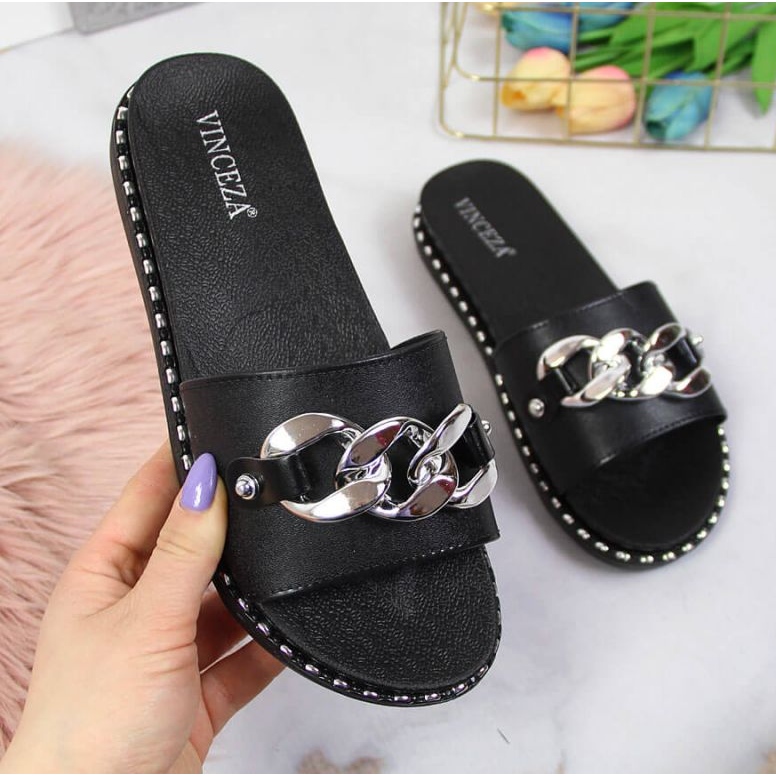 Chaussons Vinceza W JAN111A noirs avec chaîne le noir 1