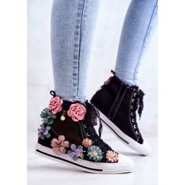 LU BOO Baskets Montantes à Fleurs Noir Sellin le noir 1