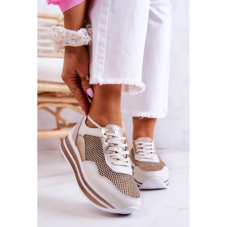 S.Barski Chaussures de sport pour femmes Baskets blanches et dorées Bourne d'or 1