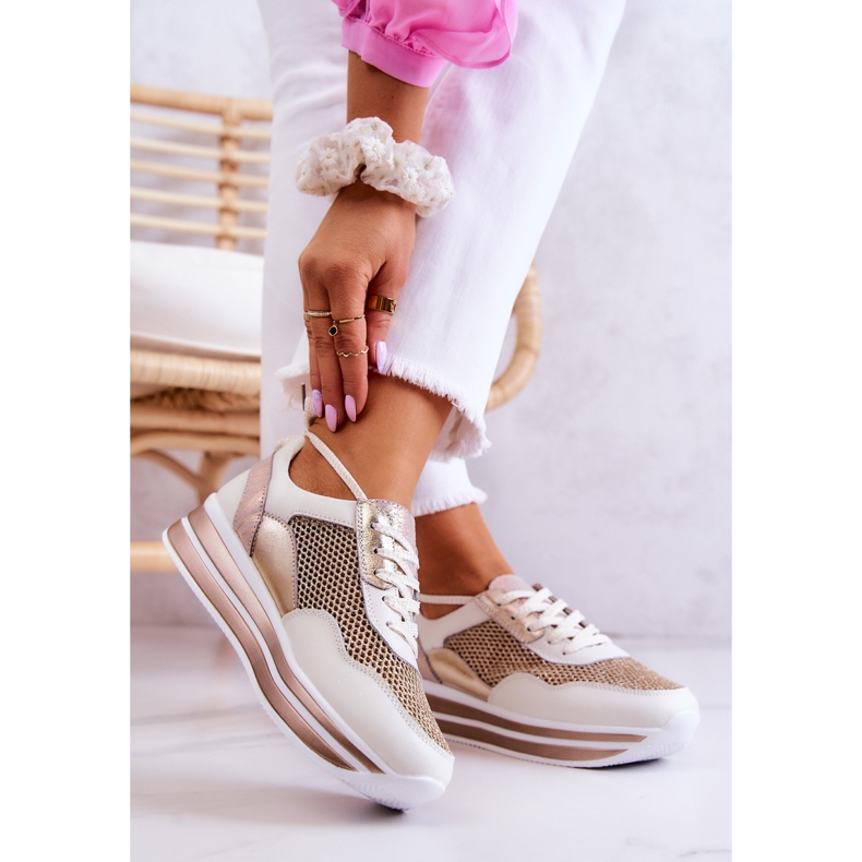 S.Barski Chaussures de sport pour femmes Baskets blanches et dorées Bourne 2