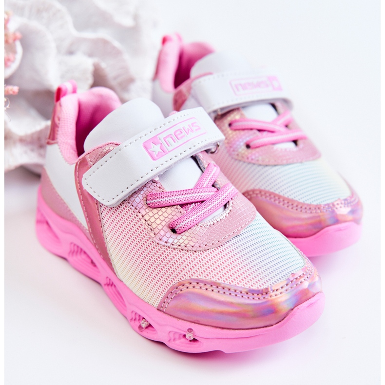 PE1 Chaussures de sport en cuir pour enfants Boucles blanches et roses 2