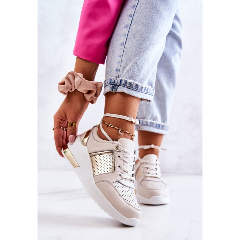 S.Barski Chaussures de sport en cuir pour femmes sur un coin beige et blanc Larson doré 1