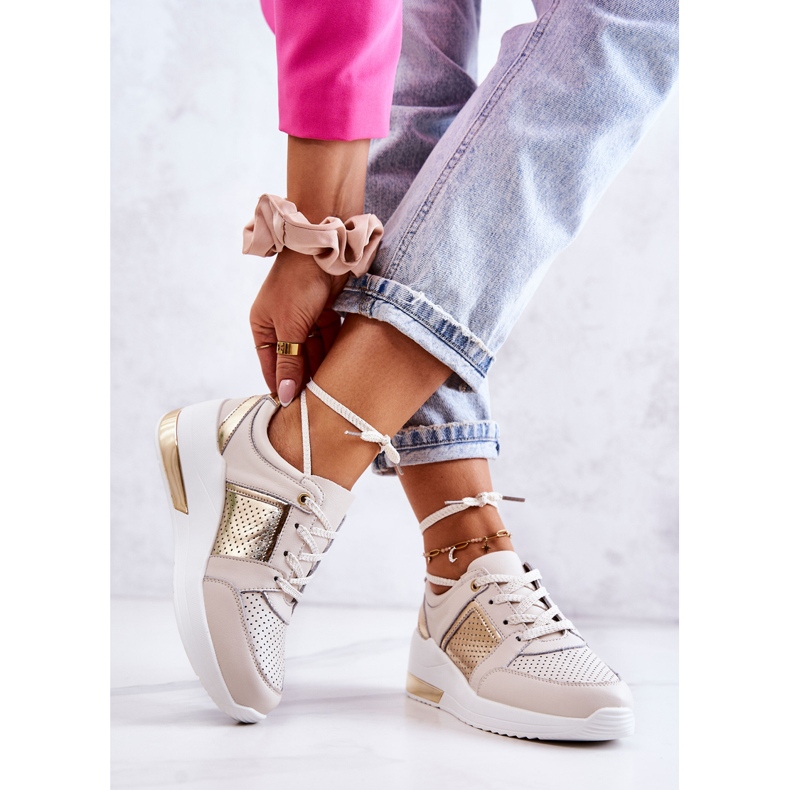 S.Barski Chaussures de sport en cuir pour femmes sur un coin beige et blanc Larson doré 2