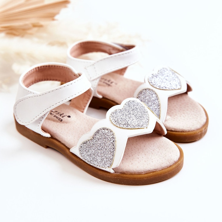 S.Barski Sandales en Cuir pour Enfant Coeurs de Brocart Blanc Luisa 1