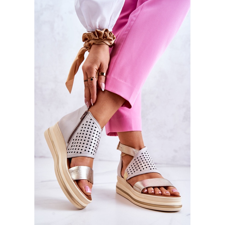 Sandales Compensées en Cuir Maciejka 05356-25 Beige et Or d'or 2