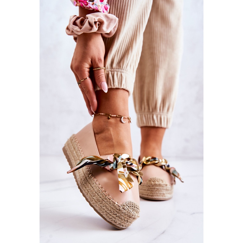 PS1 Espadrilles Femme En Cuir Avec Chaîne Fantaisie Beige rose 1