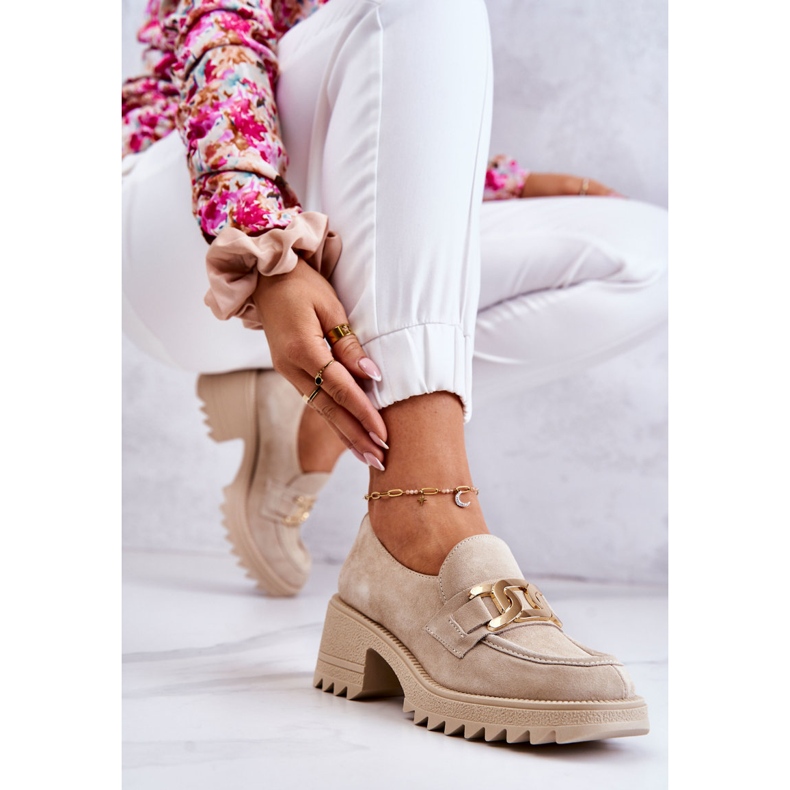 PL5 Chaussures En Daim Avec Décoration Dorée Beige Clair Idéaliser 2