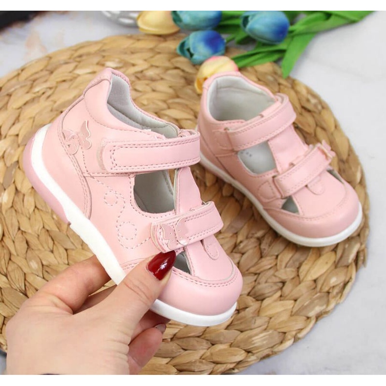 Chaussures velcro ajourées American Club Jr AM892B rose 1