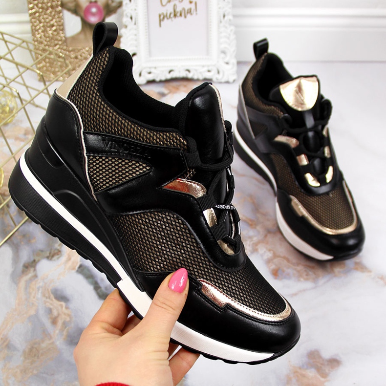 Baskets compensées noires femme Vinceza doré 2