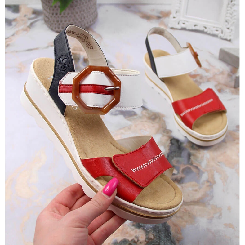 Sandales compensées femme Rieker 67476-33 blanc noir rouge multicolore 1