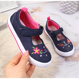 Baskets American Club pour fille en jean bleu marin rose 1