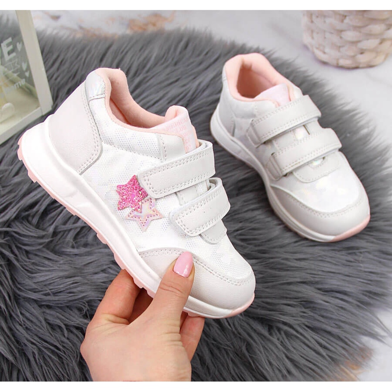 Chaussures de sport fille American Club blanches à scratch rose 1