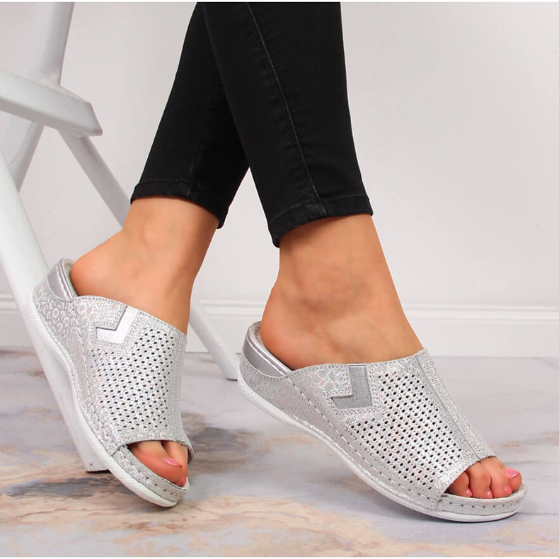 S.Barski Babouches femme en cuir sur semelle compensée argentée S. Barski 2