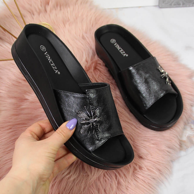 Chaussons compensés noirs pour femme avec nœud Vinceza le noir 1