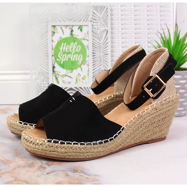 Sandales espadrilles femme sur compensées noires eVento 2