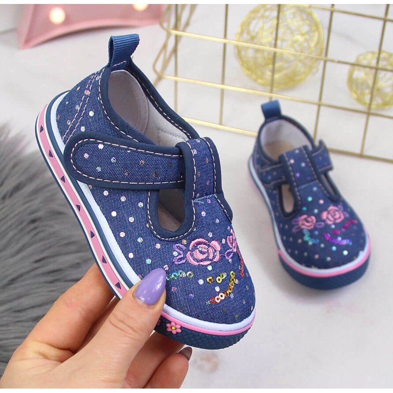 Baskets pour fille avec velcro Atletico pois bleus bleu marin 1