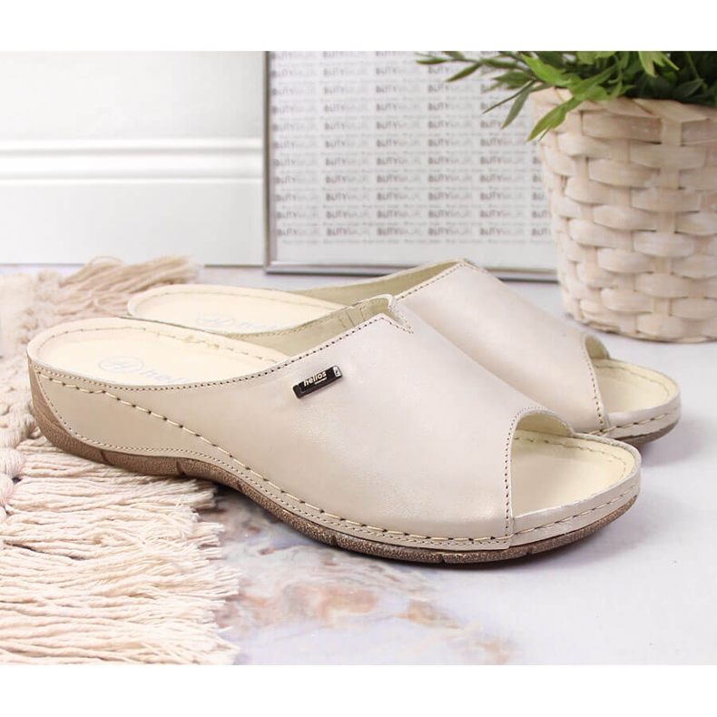 Babouches femme en cuir sur semelle compensée dorée Helios 105 2