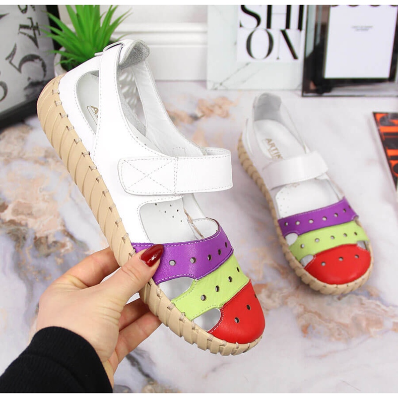 Sandales femme en cuir ajourées Artiker blanche multicolore 1