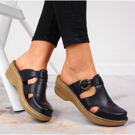 Chaussons en cuir sur un coin bleu Łukbut 666 bleu marin 1