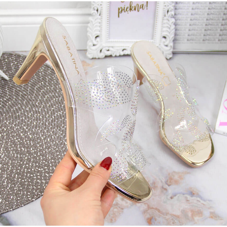 Chaussons femme transparents avec zircons cubiques dorés Sabatina incolore 1 Chaussons femme transparents avec zircons cubiques dorés Sabatina incolore 1