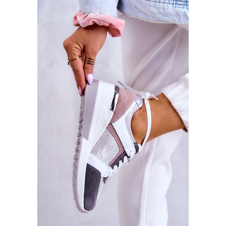 S.Barski Chaussures de sport en cuir Baskets compensées Argent-Gris Elissa blanche rose 3