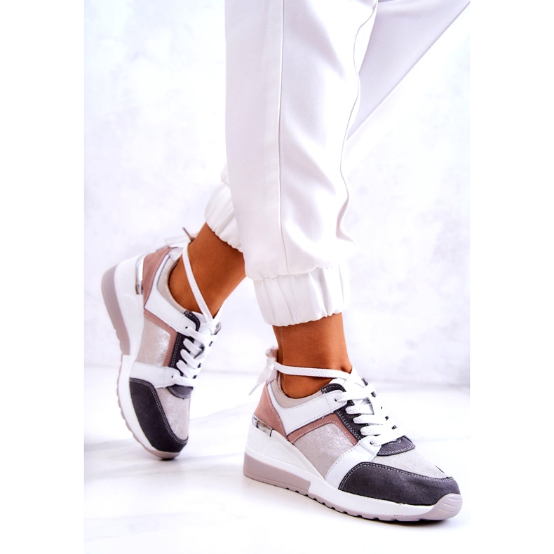 S.Barski Chaussures de sport en cuir Baskets compensées Argent-Gris Elissa blanche rose 4