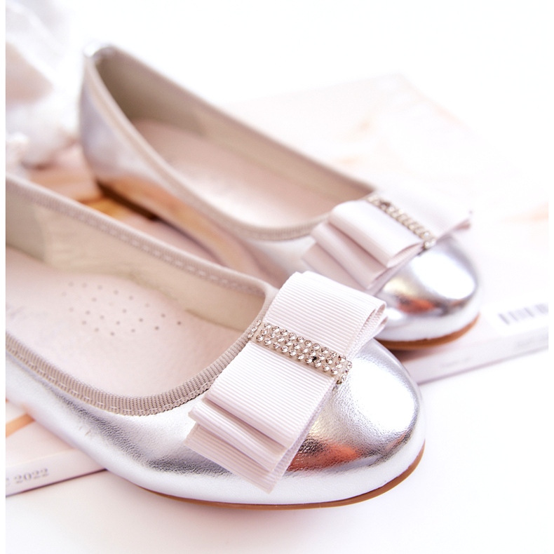 S.Barski Ballerines Enfant En Cuir Avec Nœud Décoratif Argent Claril 2