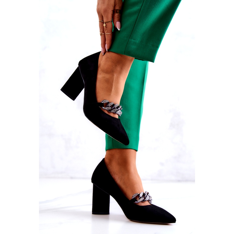 S.Barski Pompes en daim pour femmes avec une chaîne noire le noir 3