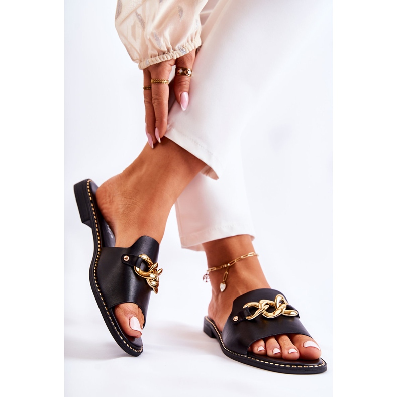 S.Barski Chaussons noirs à la mode avec une chaîne sur un talon plat 2