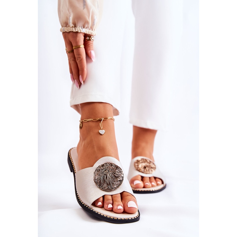 S.Barski Chaussons Femme En Cuir Avec Décoration Colene Dorée 1