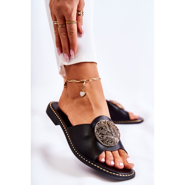 S.Barski Chaussons Femme En Cuir Avec Ornement Colene Noir 1