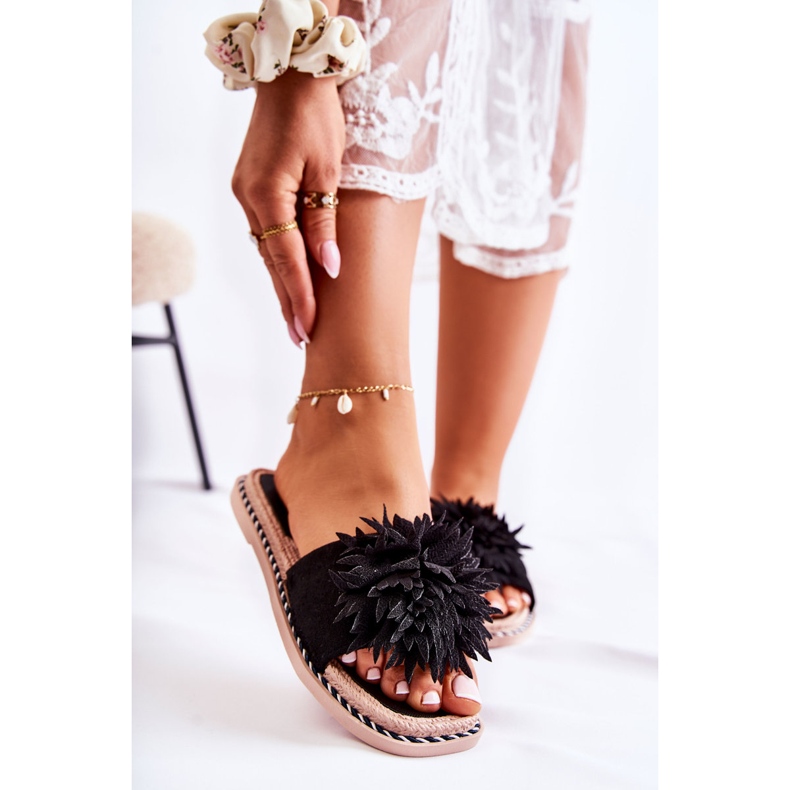 FJ1 Chaussons Femme En Daim Avec Décoration Giorgia Noire 2