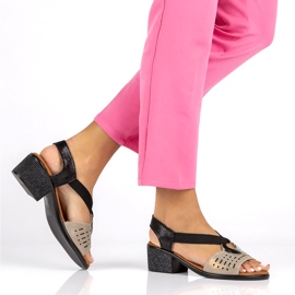 Filippo DS2308/22 Bk Go sandales ajourées en cuir, noir et doré d'or 2