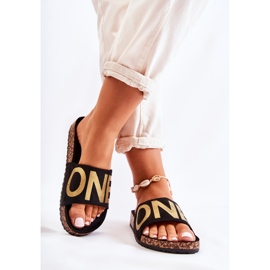 PE1 Chaussons à enfiler classiques avec inscription Bahari noire et dorée 2