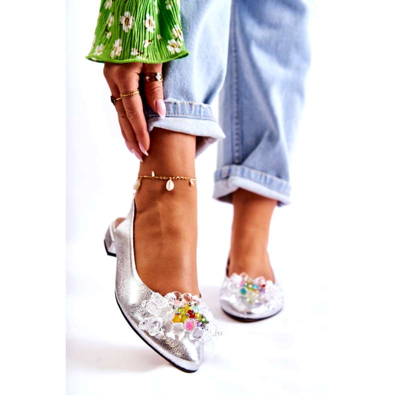 PA2 Ballerines En Cuir Sur Talons Hauts Avec Décoration Elena Argentée 1