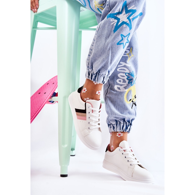 FK2 Chaussures de sport femme nouées en blanc Renesme blanche le noir rose d'or 1