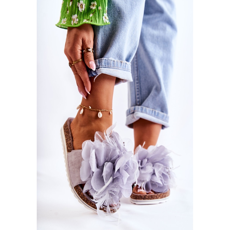 PS1 Chaussons Femme En Daim Avec Fleur Décorative Gris Alimos 1