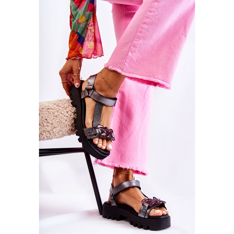 Sandales En Cuir Avec Velcro Maciejka L5009-41 Argent Foncé 1