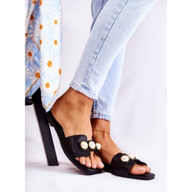 PG1 Pantoufles Femme Tacoma Noires Avec Perles Décoratives 2